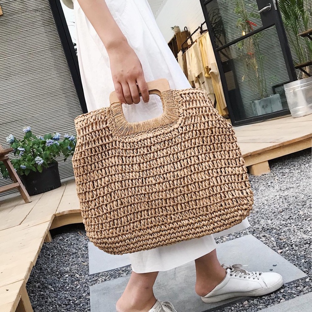 Boho Cream Khaki straw bag wood handle tote - Picture 1 of 6